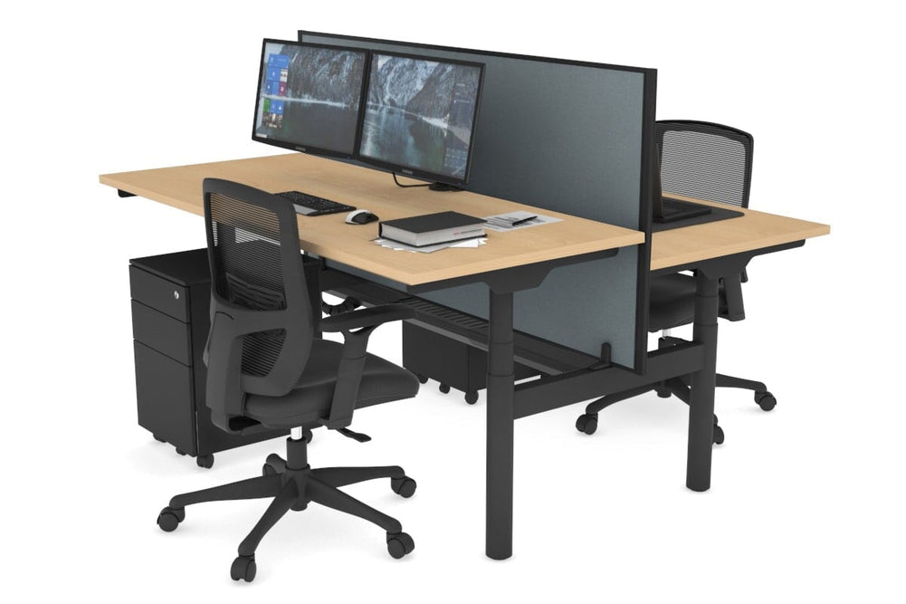 Flexi Premium Height Adjustable 2 Person H-Bench Workstation - Black Frame [1200L x 700W]-maple cool grey (820H x 1200W) black cable tray
