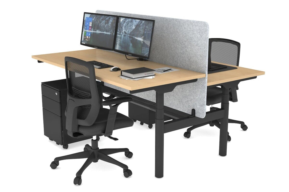 Flexi Premium Height Adjustable 2 Person H-Bench Workstation - Black Frame [1200L x 700W]-maple light grey acoustic panel (820H x 1200W) black cable tray