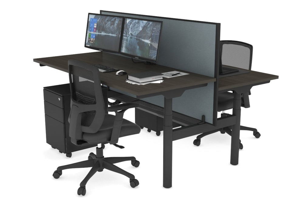 Flexi Premium Height Adjustable 2 Person H-Bench Workstation - Black Frame [1200L x 700W]-dark oak cool grey (820H x 1200W) black cable tray