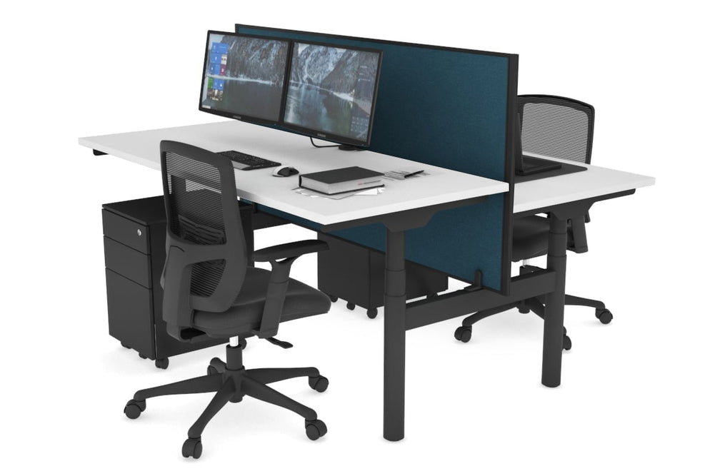 Flexi Premium Height Adjustable 2 Person H-Bench Workstation - Black Frame [1200L x 700W]-white deep blue (820H x 1200W) none