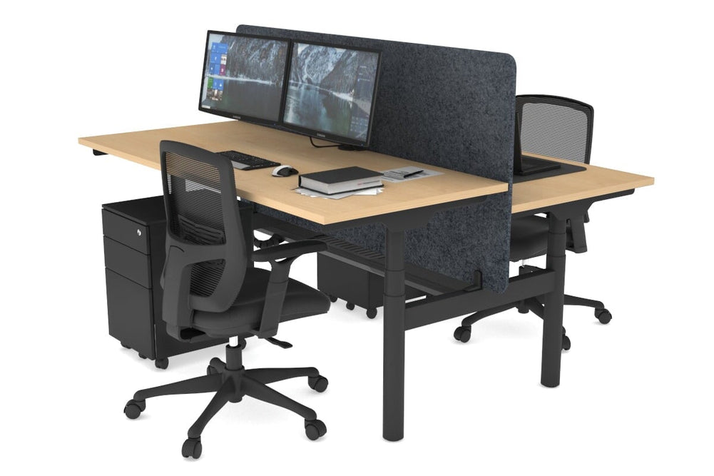 Flexi Premium Height Adjustable 2 Person H-Bench Workstation - Black Frame [1200L x 700W]-maple dark grey acoustic panel (820H x 1200W) black cable tray