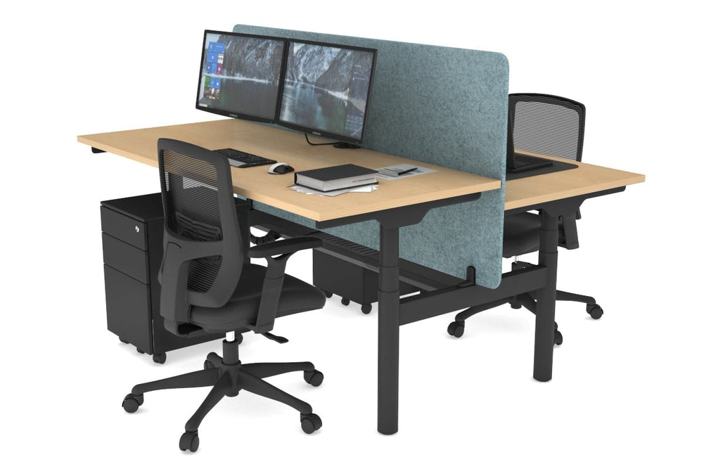 Flexi Premium Height Adjustable 2 Person H-Bench Workstation - Black Frame [1200L x 700W]-maple blue acoustic panel (820H x 1200W) black cable tray