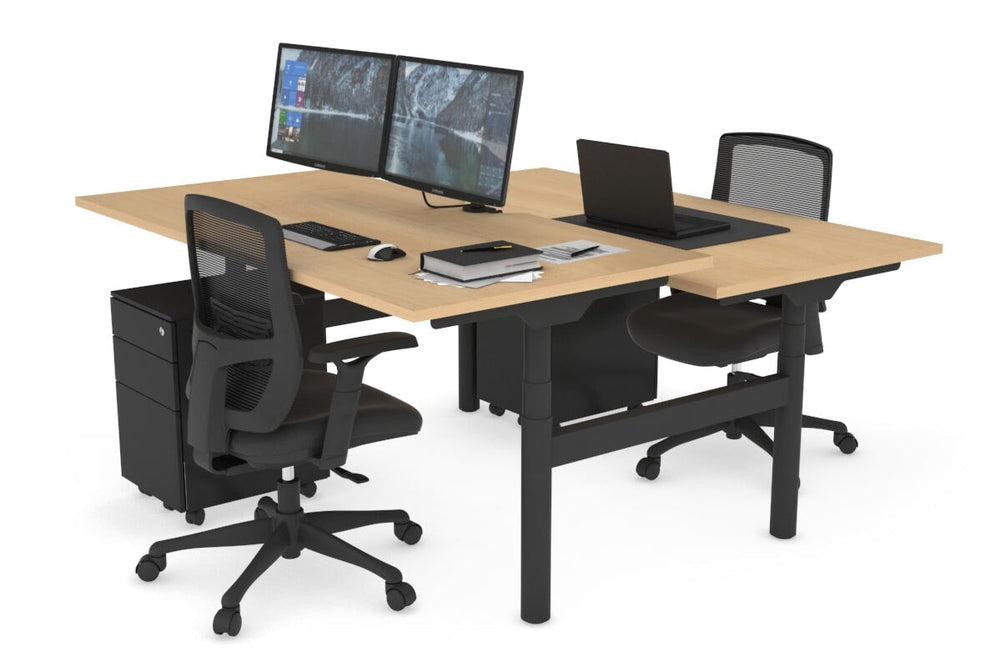 Flexi Premium Height Adjustable 2 Person H-Bench Workstation - Black Frame [1200L x 800W with Cable Scallop]-maple none none