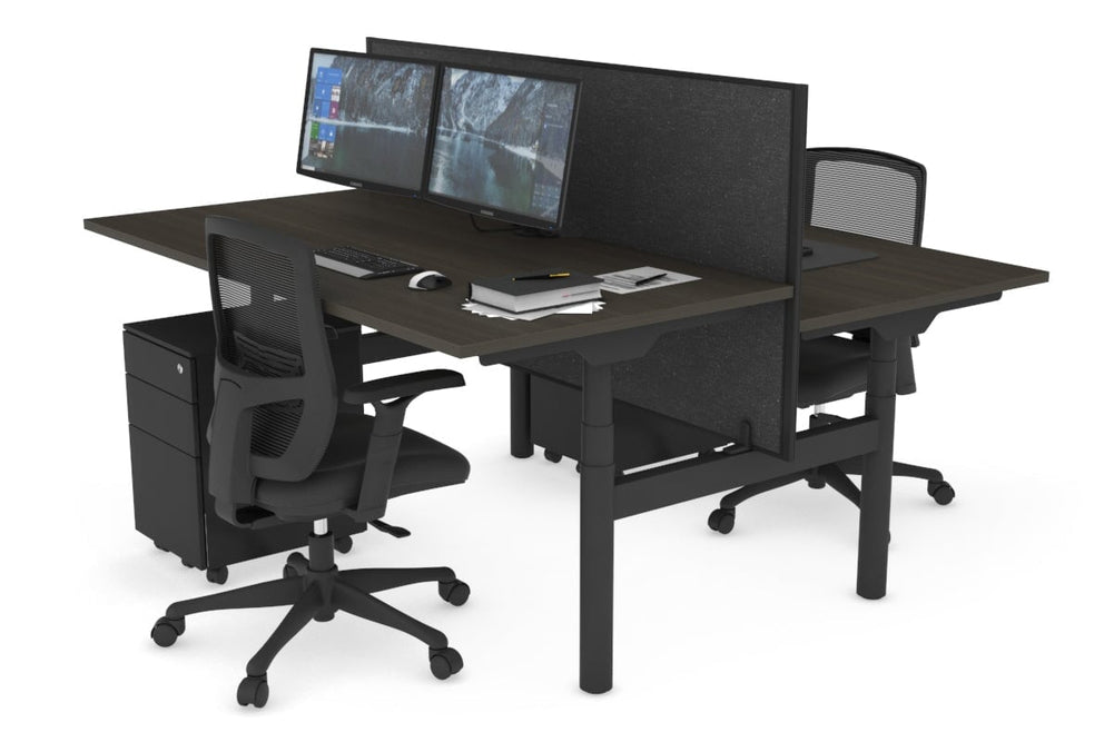 Flexi Premium Height Adjustable 2 Person H-Bench Workstation - Black Frame [1200L x 800W with Cable Scallop]-dark oak moody charcoal (820H x 1200W) none