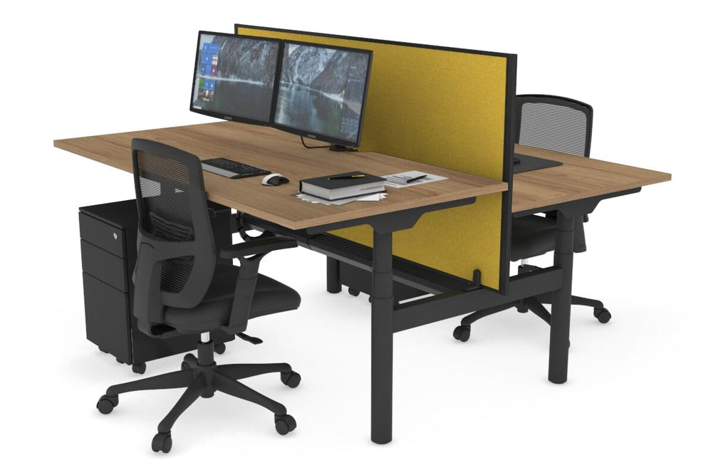 Flexi Premium Height Adjustable 2 Person H-Bench Workstation - Black Frame [1200L x 800W with Cable Scallop]-salvage oak mustard yellow (820H x 1200W) black cable tray