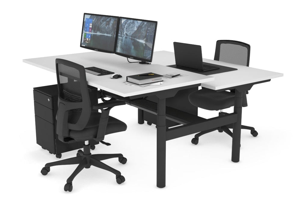 Flexi Premium Height Adjustable 2 Person H-Bench Workstation - Black Frame [1200L x 800W with Cable Scallop]-white none black cable tray
