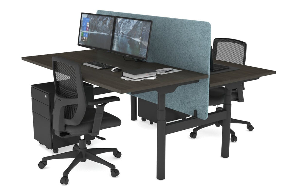 Flexi Premium Height Adjustable 2 Person H-Bench Workstation - Black Frame [1200L x 800W with Cable Scallop]-dark oak blue acoustic panel (820H x 1200W) none