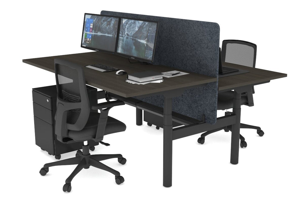 Flexi Premium Height Adjustable 2 Person H-Bench Workstation - Black Frame [1200L x 800W with Cable Scallop]-dark oak dark grey acoustic panel (820H x 1200W) black cable tray
