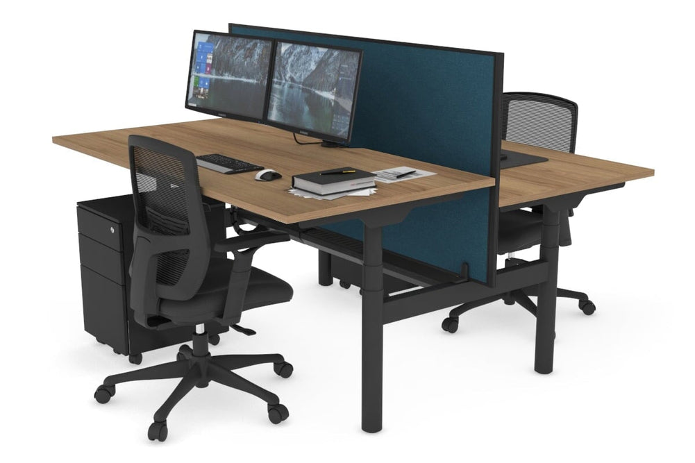 Flexi Premium Height Adjustable 2 Person H-Bench Workstation - Black Frame [1200L x 800W with Cable Scallop]-salvage oak deep blue (820H x 1200W) black cable tray