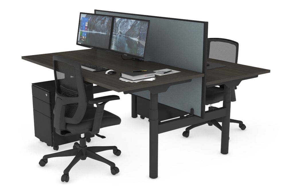 Flexi Premium Height Adjustable 2 Person H-Bench Workstation - Black Frame [1200L x 800W with Cable Scallop]-dark oak cool grey (820H x 1200W) none