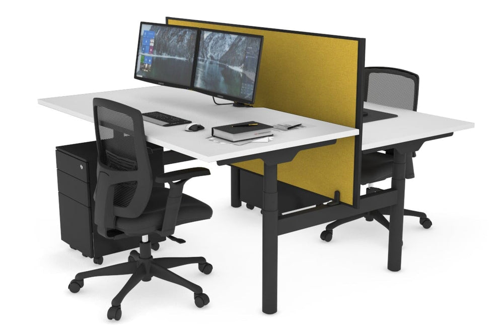 Flexi Premium Height Adjustable 2 Person H-Bench Workstation - Black Frame [1200L x 800W with Cable Scallop]-white mustard yellow (820H x 1200W) none