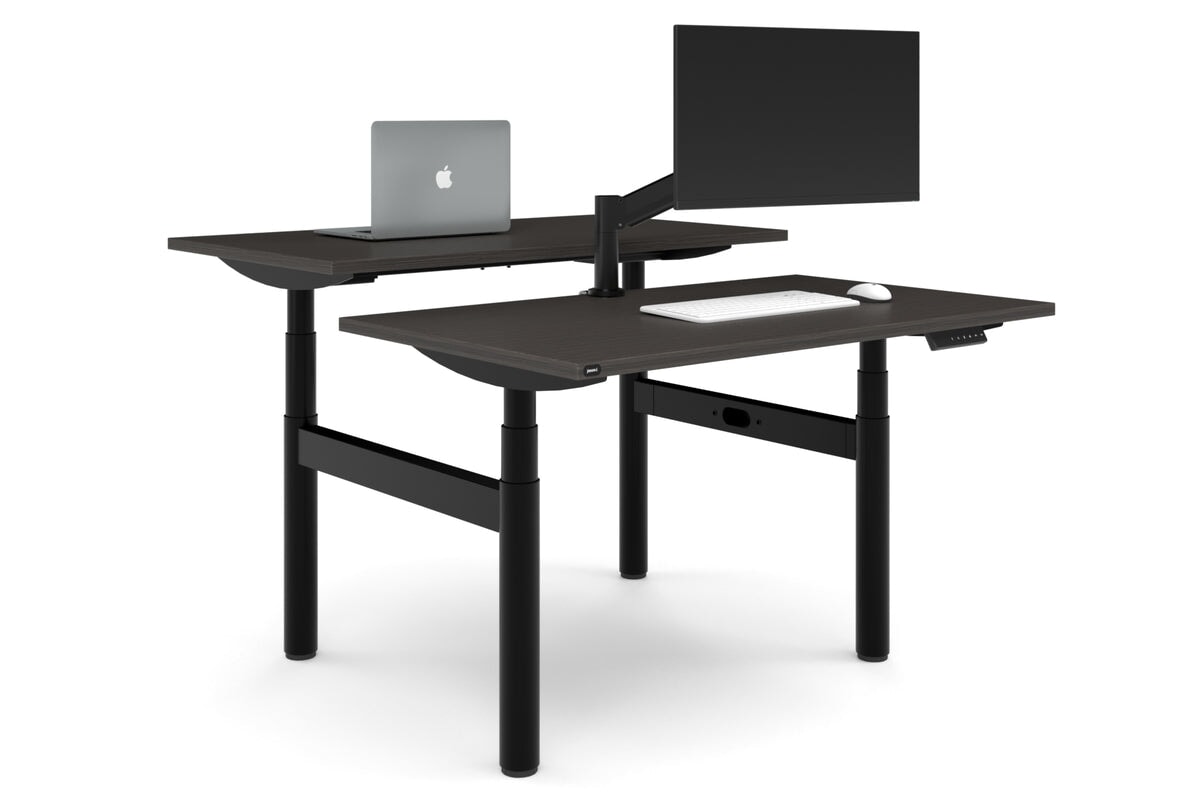 Flexi Premium Height Adjustable 2 Person H-Bench Workstation - Black Frame [1400L x 700W]-dark oak none none