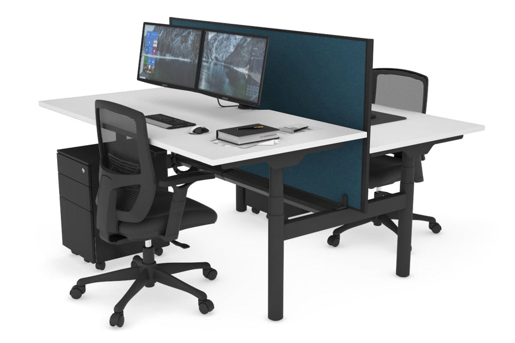 Flexi Premium Height Adjustable 2 Person H-Bench Workstation - Black Frame [1400L x 800W with Cable Scallop]-white deep blue (820H x 1400W) black cable tray