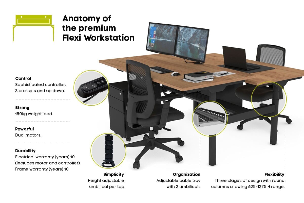 Flexi Premium Height Adjustable 2 Person H-Bench Workstation - Black Frame [1400L x 800W with Cable Scallop]-dark oak moody charcoal (820H x 1400W) black cable tray