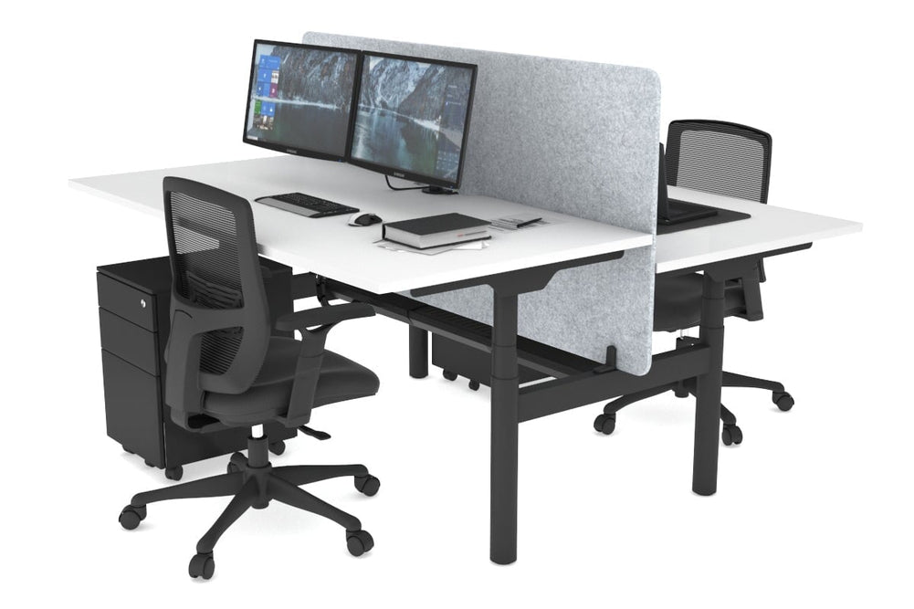 Flexi Premium Height Adjustable 2 Person H-Bench Workstation - Black Frame [1400L x 800W with Cable Scallop]-white light grey acoustic panel (820H x 1400W) black cable tray