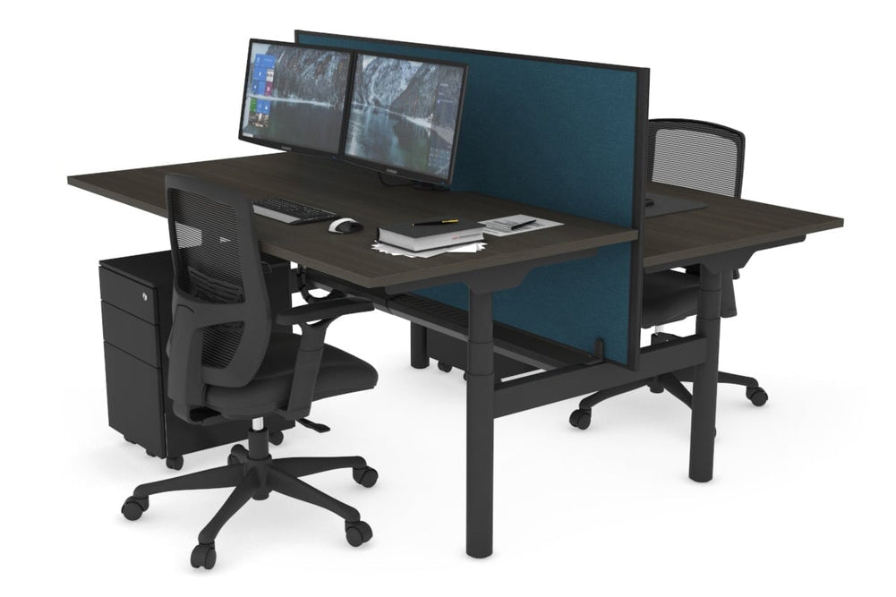 Flexi Premium Height Adjustable 2 Person H-Bench Workstation - Black Frame [1400L x 800W with Cable Scallop]-dark oak deep blue (820H x 1400W) black cable tray