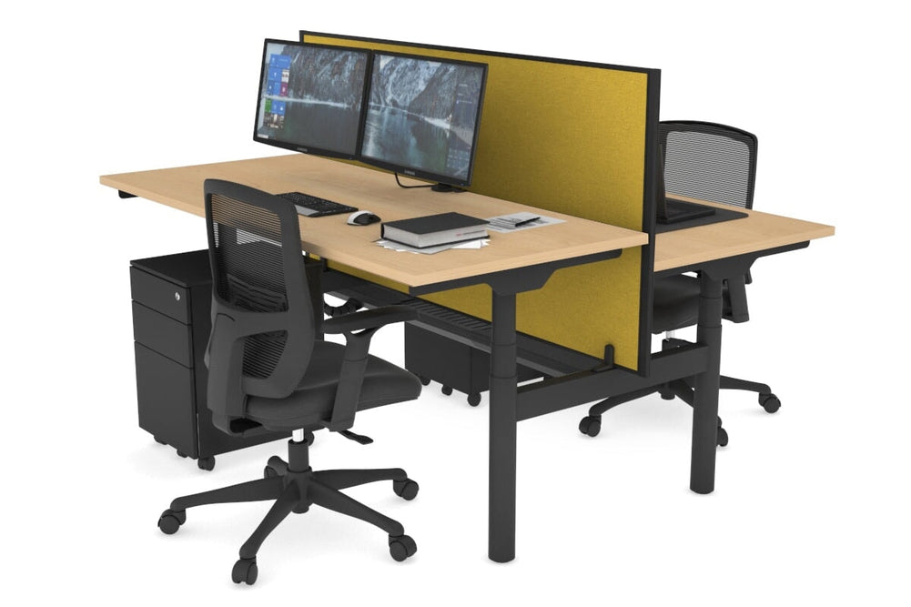 Flexi Premium Height Adjustable 2 Person H-Bench Workstation - Black Frame [1600L x 700W]-maple mustard yellow (820H x 1600W) black cable tray