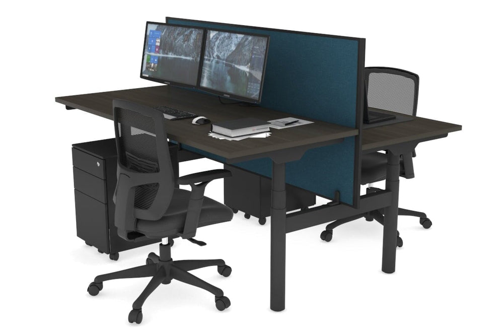 Flexi Premium Height Adjustable 2 Person H-Bench Workstation - Black Frame [1600L x 700W]-dark oak deep blue (820H x 1600W) none