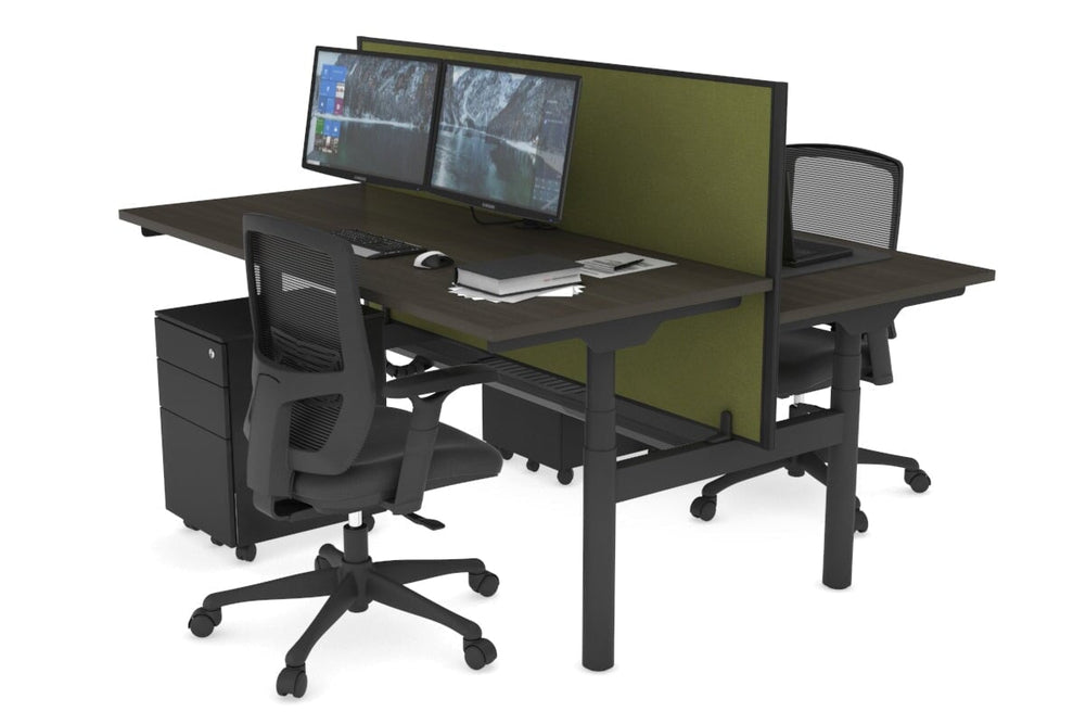 Flexi Premium Height Adjustable 2 Person H-Bench Workstation - Black Frame [1600L x 700W]-dark oak green moss (820H x 1600W) black cable tray