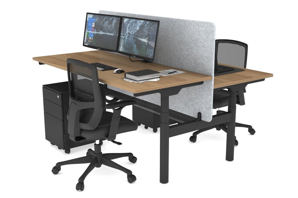 Flexi Premium Height Adjustable 2 Person H-Bench Workstation - Black Frame [1600L x 700W]-salvage oak light grey acoustic panel (820H x 1600W) black cable tray