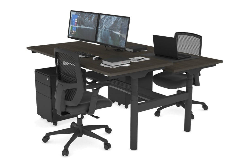 Flexi Premium Height Adjustable 2 Person H-Bench Workstation - Black Frame [1600L x 700W]-dark oak none black cable tray