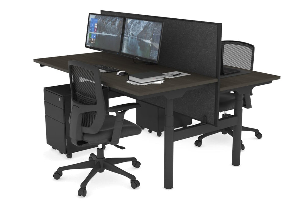 Flexi Premium Height Adjustable 2 Person H-Bench Workstation - Black Frame [1600L x 700W]-dark oak moody charcoal (820H x 1600W) none