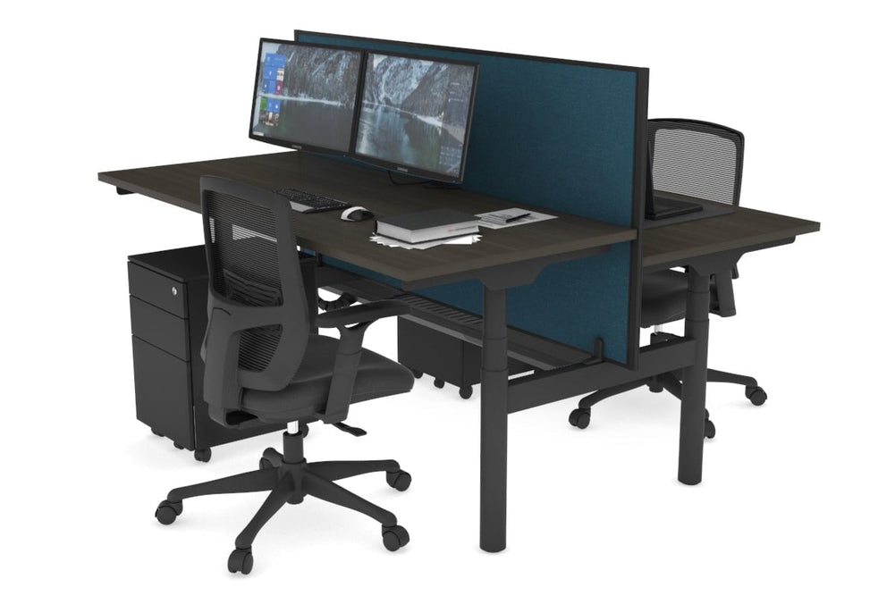 Flexi Premium Height Adjustable 2 Person H-Bench Workstation - Black Frame [1600L x 700W]-dark oak deep blue (820H x 1600W) black cable tray