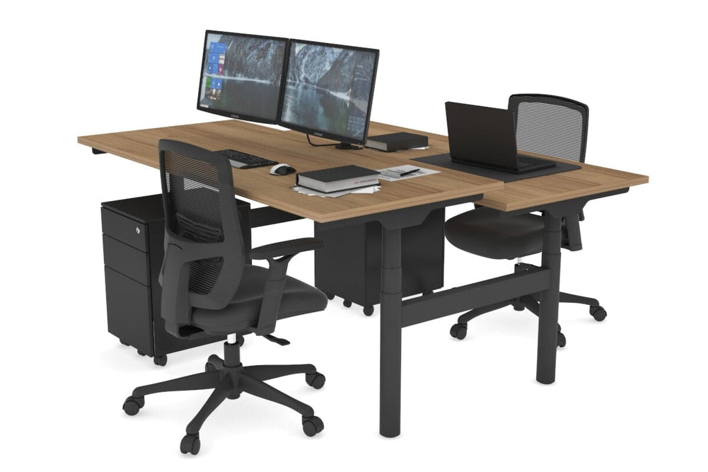 Flexi Premium Height Adjustable 2 Person H-Bench Workstation - Black Frame [1600L x 700W]-salvage oak none none