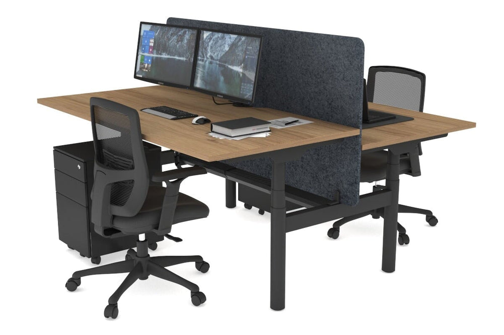Flexi Premium Height Adjustable 2 Person H-Bench Workstation - Black Frame [1600L x 800W with Cable Scallop]-salvage oak dark grey acoustic panel (820H x 1600W) black cable tray