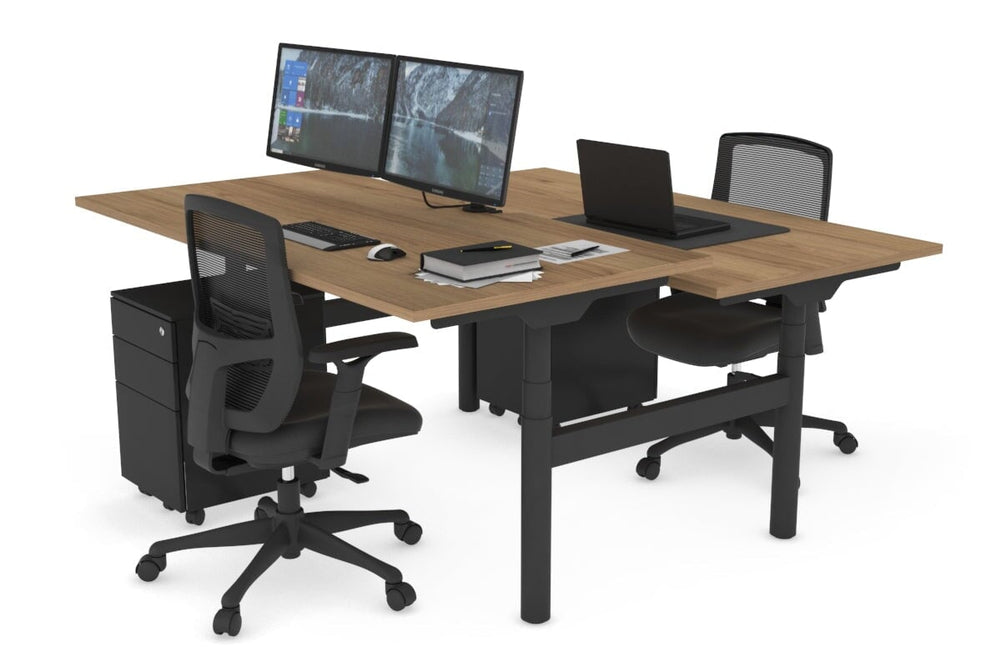 Flexi Premium Height Adjustable 2 Person H-Bench Workstation - Black Frame [1600L x 800W with Cable Scallop]-salvage oak none none