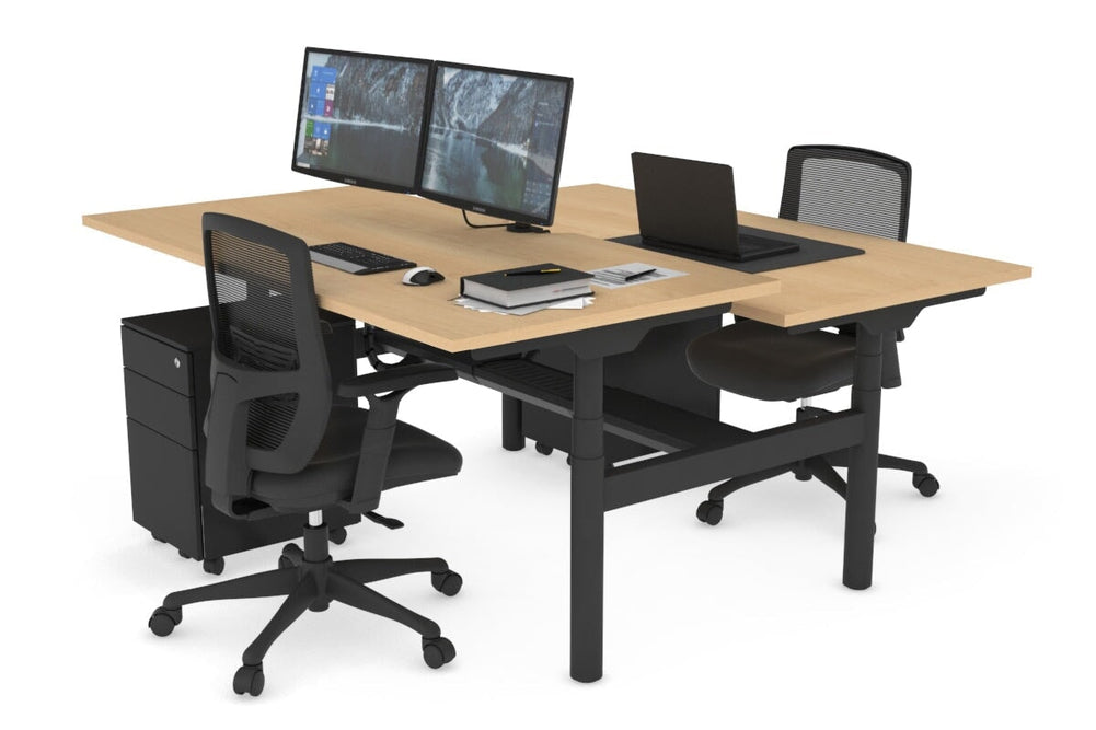 Flexi Premium Height Adjustable 2 Person H-Bench Workstation - Black Frame [1600L x 800W with Cable Scallop]-maple none black cable tray
