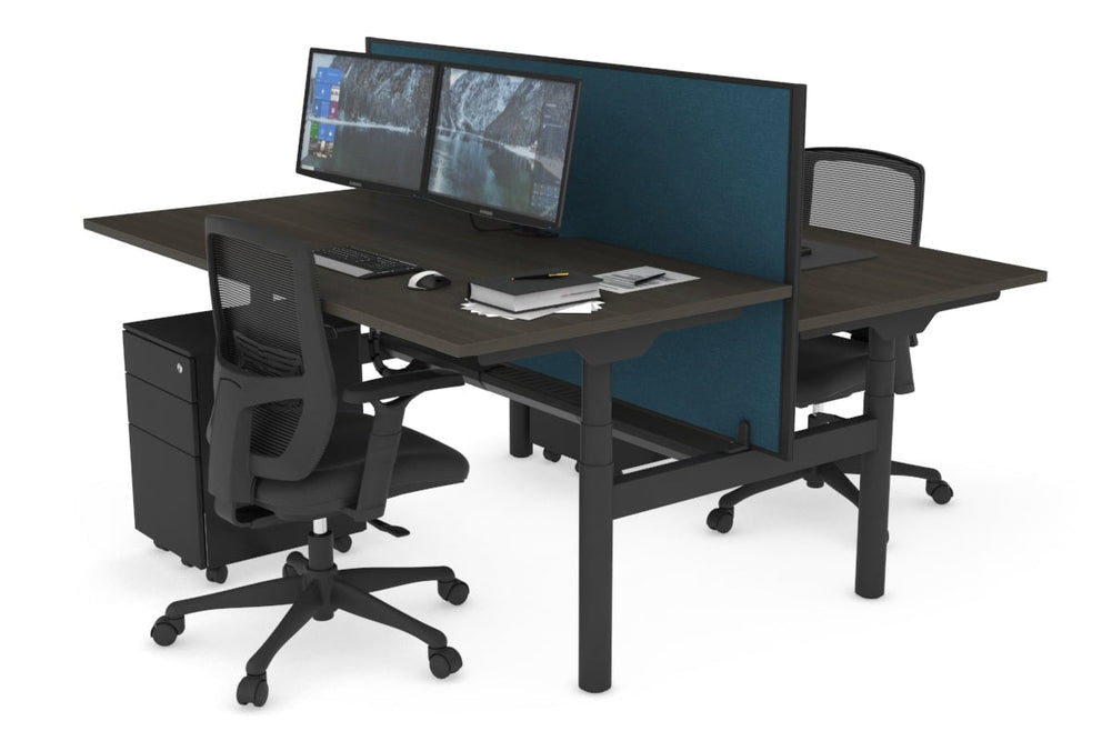 Flexi Premium Height Adjustable 2 Person H-Bench Workstation - Black Frame [1600L x 800W with Cable Scallop]-dark oak deep blue (820H x 1600W) black cable tray
