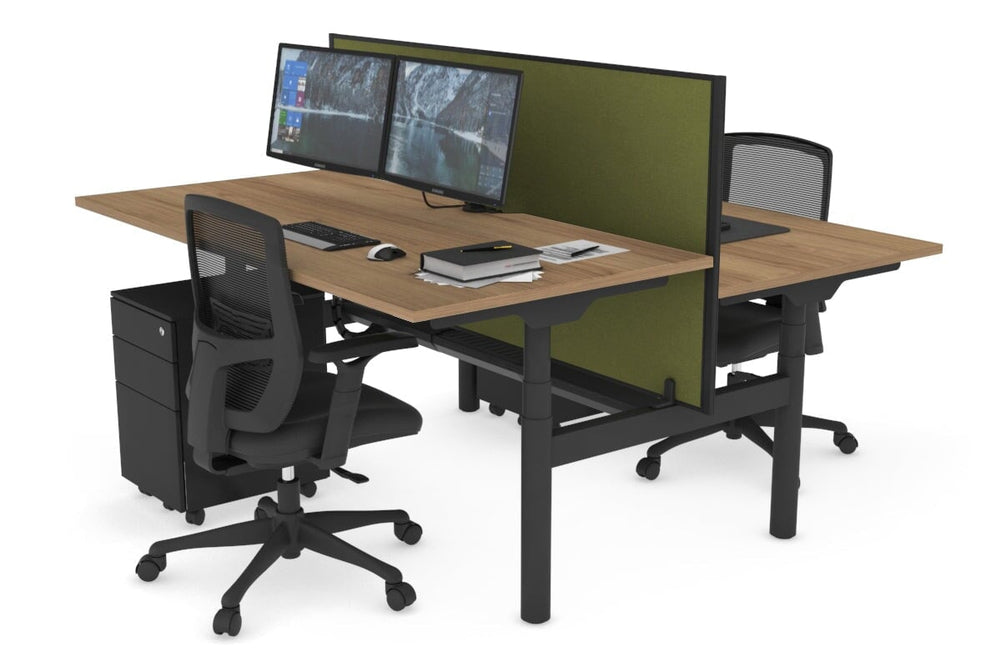 Flexi Premium Height Adjustable 2 Person H-Bench Workstation - Black Frame [1600L x 800W with Cable Scallop]-salvage oak green moss (820H x 1600W) black cable tray