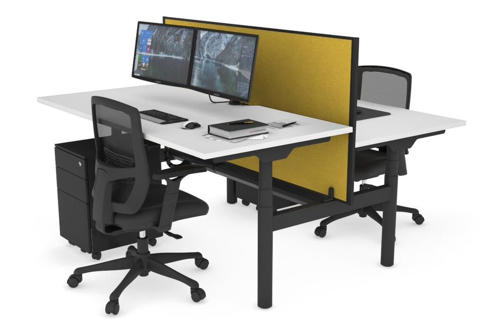Flexi Premium Height Adjustable 2 Person H-Bench Workstation - Black Frame [1600L x 800W with Cable Scallop]-white mustard yellow (820H x 1600W) black cable tray