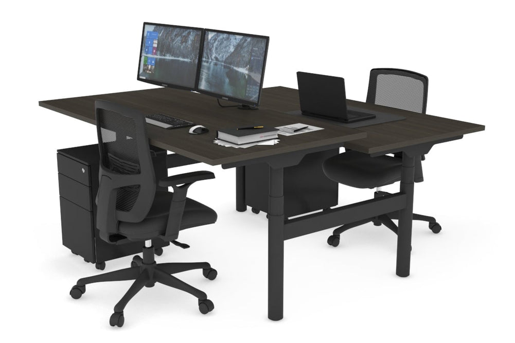 Flexi Premium Height Adjustable 2 Person H-Bench Workstation - Black Frame [1600L x 800W with Cable Scallop]-dark oak none none
