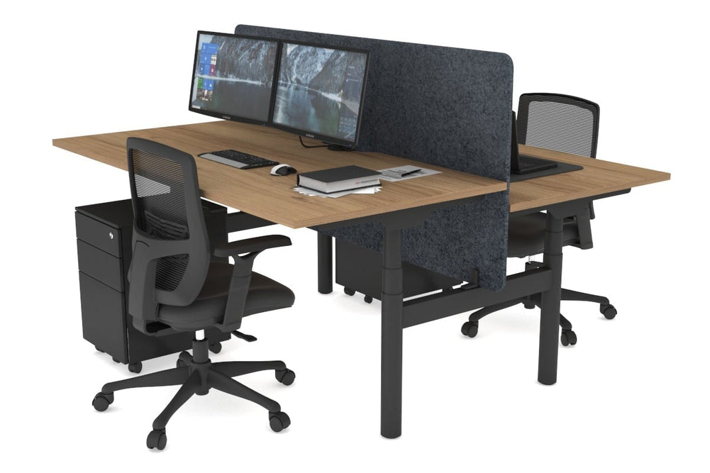 Flexi Premium Height Adjustable 2 Person H-Bench Workstation - Black Frame [1600L x 800W with Cable Scallop]-salvage oak dark grey acoustic panel (820H x 1600W) none