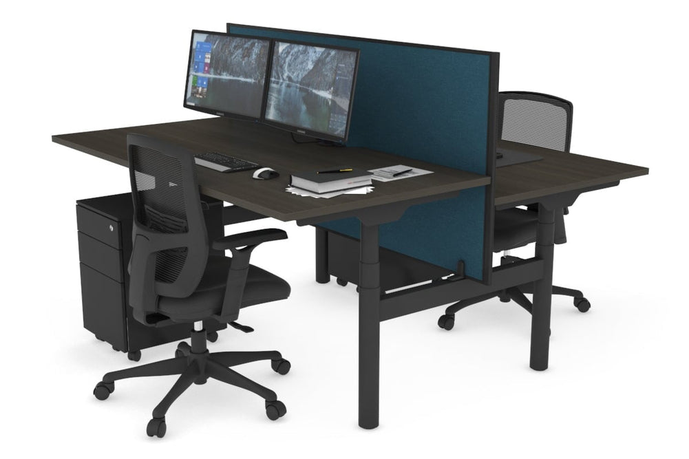 Flexi Premium Height Adjustable 2 Person H-Bench Workstation - Black Frame [1600L x 800W with Cable Scallop]-dark oak deep blue (820H x 1600W) none