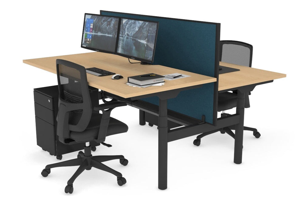 Flexi Premium Height Adjustable 2 Person H-Bench Workstation - Black Frame [1600L x 800W with Cable Scallop]-maple deep blue (820H x 1600W) black cable tray