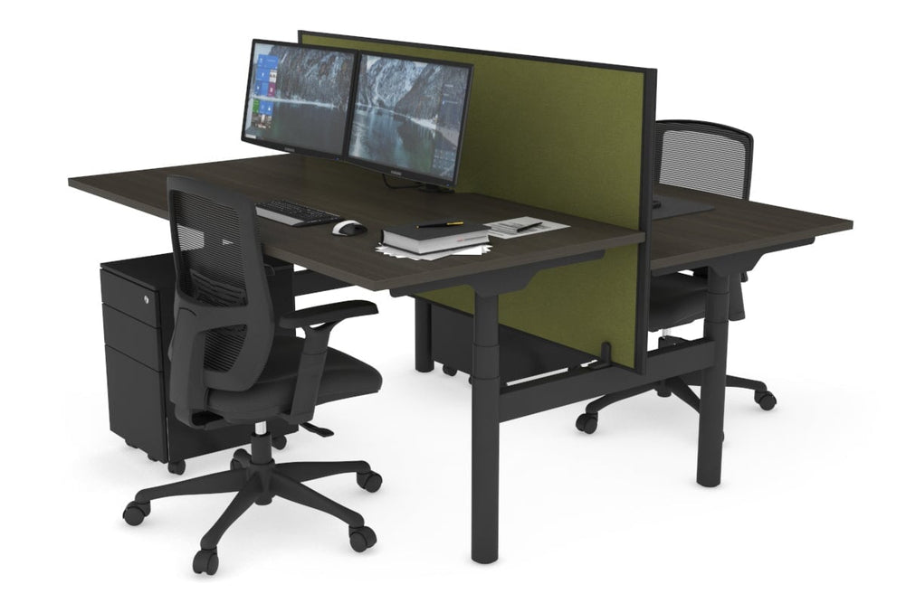 Flexi Premium Height Adjustable 2 Person H-Bench Workstation - Black Frame [1600L x 800W with Cable Scallop]-dark oak green moss (820H x 1600W) none