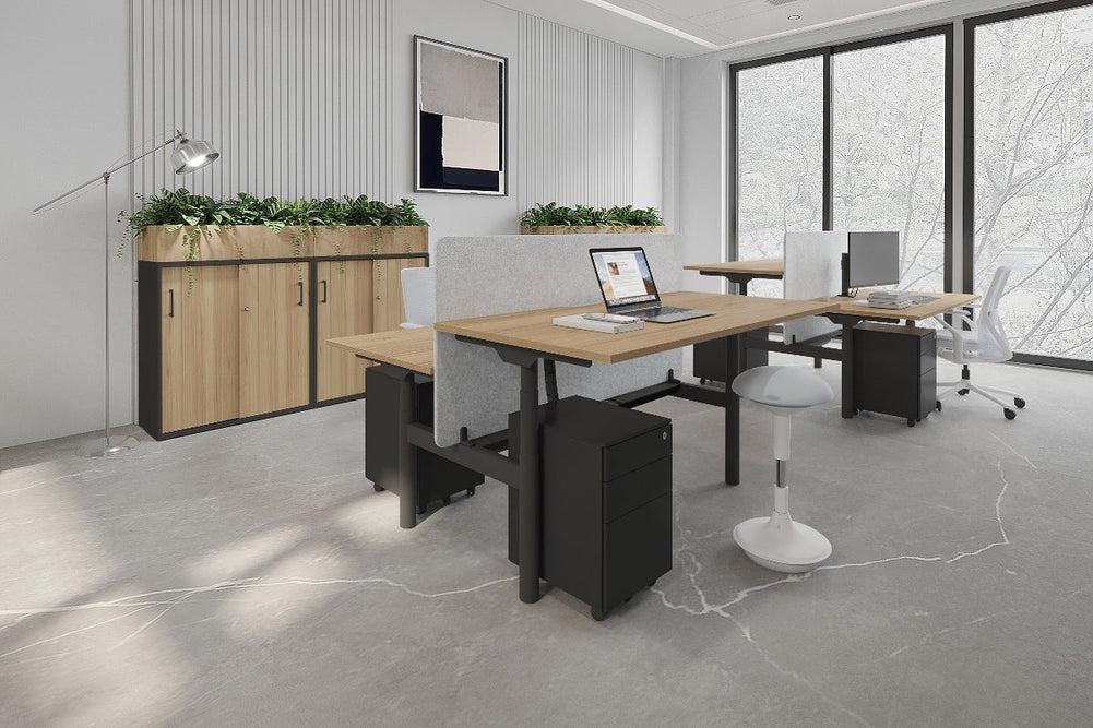 Flexi Premium Height Adjustable 2 Person H-Bench Workstation - Black Frame [1600L x 800W with Cable Scallop]-dark oak moody charchoal (820H x 1600W) black cable tray