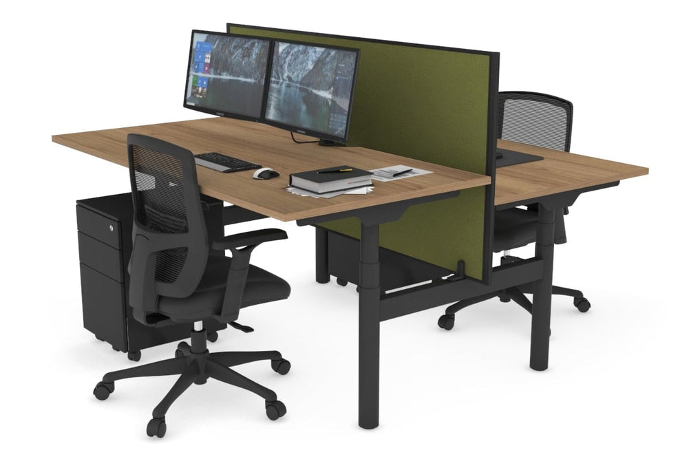 Flexi Premium Height Adjustable 2 Person H-Bench Workstation - Black Frame [1600L x 800W with Cable Scallop]-salvage oak green moss (820H x 1600W) none