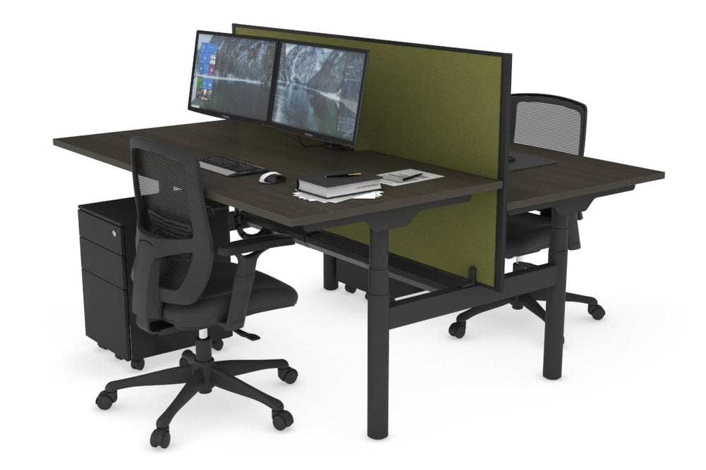 Flexi Premium Height Adjustable 2 Person H-Bench Workstation - Black Frame [1600L x 800W with Cable Scallop]-dark oak green moss (820H x 1600W) black cable tray