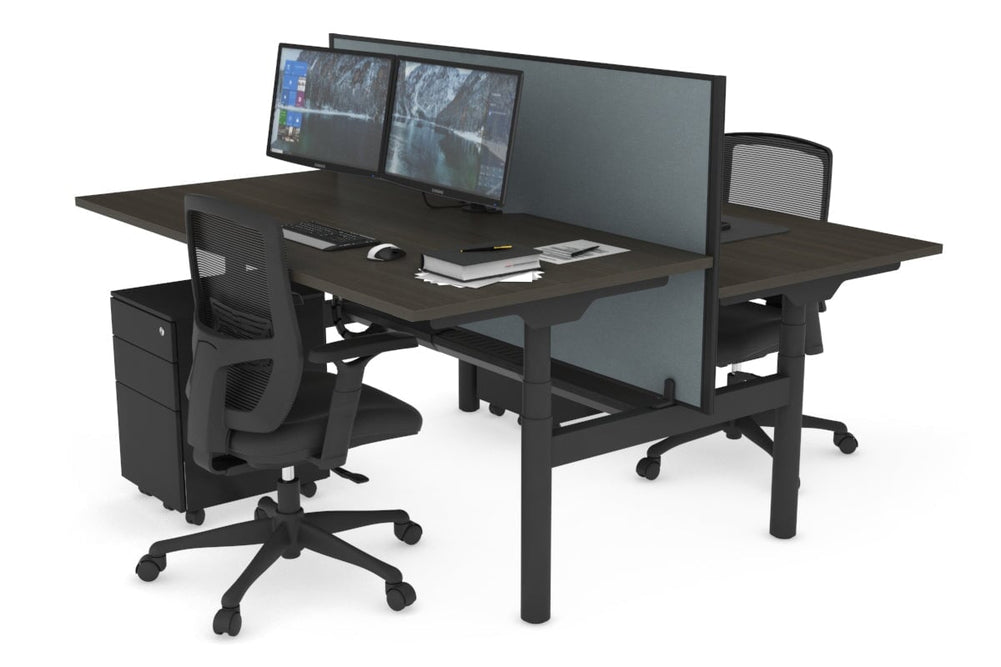 Flexi Premium Height Adjustable 2 Person H-Bench Workstation - Black Frame [1600L x 800W with Cable Scallop]-dark oak cool grey (820H x 1600W) black cable tray