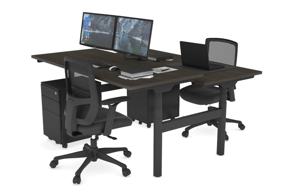 Flexi Premium Height Adjustable 2 Person H-Bench Workstation - Black Frame [1800L x 700W]-dark oak none none