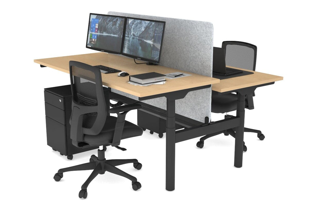 Flexi Premium Height Adjustable 2 Person H-Bench Workstation - Black Frame [1800L x 700W]-maple light grey acoustic panel (820H x 1600W) black cable tray