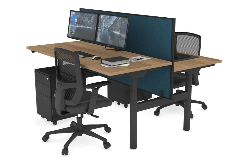 Flexi Premium Height Adjustable 2 Person H-Bench Workstation - Black Frame [1800L x 700W]-salvage oak deep blue (820H x 1800W) none