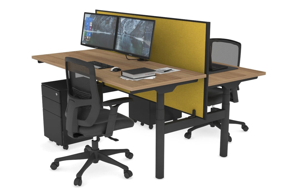 Flexi Premium Height Adjustable 2 Person H-Bench Workstation - Black Frame [1800L x 700W]-salvage oak mustard yellow (820H x 1800W) none