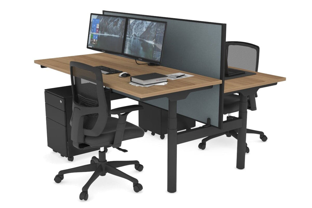 Flexi Premium Height Adjustable 2 Person H-Bench Workstation - Black Frame [1800L x 700W]-salvage oak cool grey (820H x 1800W) none