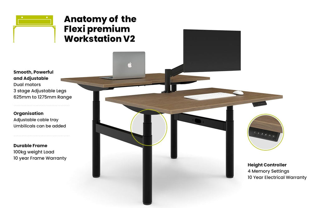 Flexi Premium Height Adjustable 2 Person H-Bench Workstation - Black Frame [1800L x 700W]-dark oak moody charcoal (820H x 1800W) black cable tray