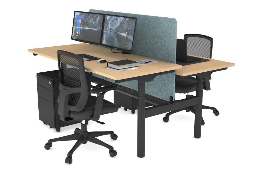 Flexi Premium Height Adjustable 2 Person H-Bench Workstation - Black Frame [1800L x 700W]-maple blue acoustic panel (820H x 1600W) black cable tray